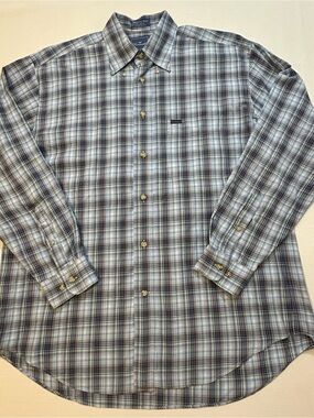 Faconnable Blue Plaid 100% Cotton Button Down Shirt Large